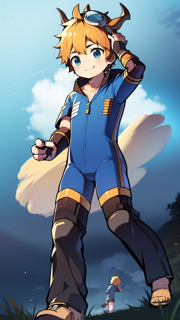((A young boy)),(Youthful feeling),one piece mountaineering suit,There are horns on the head,slender figure,Healthy limbs,goggles,fingerless gloves,cotton socks,short sleeves,stand up