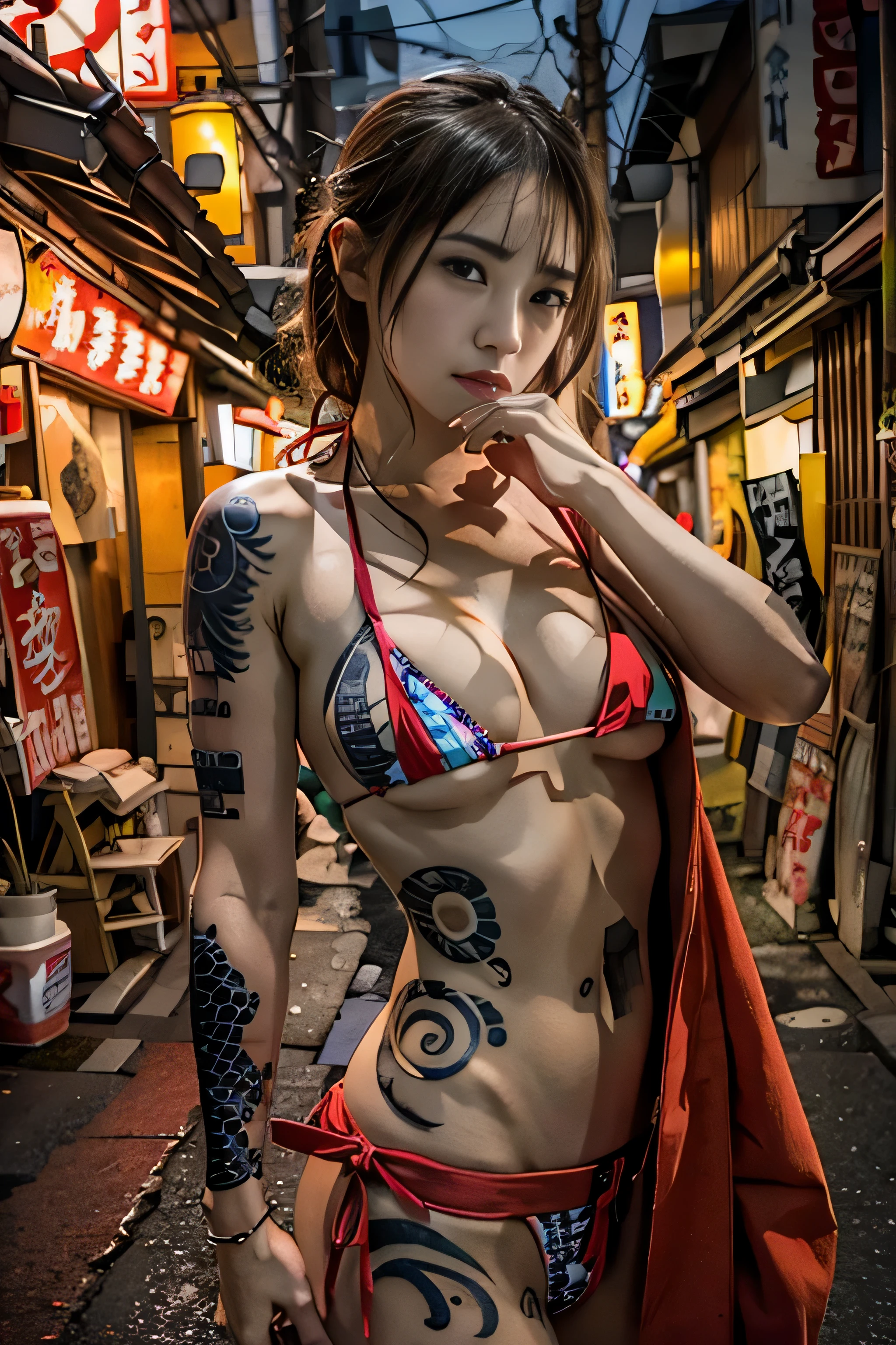 RAW image quality, Japanese, , embarrassed expression, Girl and Horihada, Yakuza, japanese mafia, Background of Tokyo Red Light District, realistic, Photoreal, masterpiece, highest quality, Movie photo of a Japan cartel gang with tattoos, spectacular lighting, japanese Yakuza tattoo, Japanese art, Japanese culture, sexy, exotic, erotic, micro bikini, cleavage,