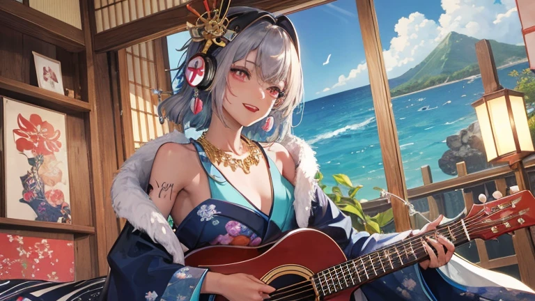 high quality,masterpiece,A dark-skinned Japanese woman in a colorful kimono,arm with tattoo,Beautiful blue droopy eyes,Feathered robe like the Japanese goddess Benzaiten,Short-cut silver hair,Listening to music through headphones,grin and laugh,Playing a Japanese guitar-like string instrument,gold necklace,expression of ridicule,gray hair,red lipstick,dark makeup,Very beautiful sea,Images for YouTube