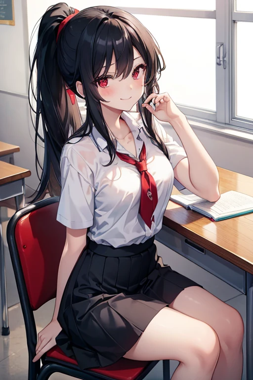 (masterpiece), best quality, expressive eyes, perfect face,high school girl, long black hair, as hair in a ponytail, red eyes,(sitting at the class table), charming, sexy, elegant, smiling mischievously