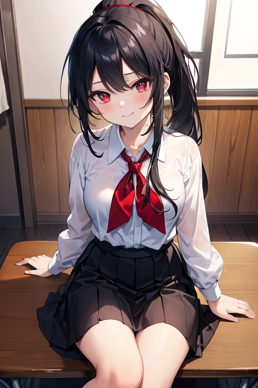 (masterpiece), best quality, expressive eyes, perfect face,high school girl, long black hair, as hair in a ponytail, red eyes,(sitting at the class table), charming, sexy, elegant, smiling mischievously 