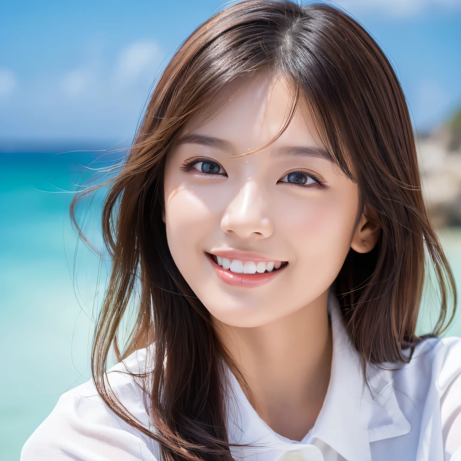 ((highest quality、table top、8K、best image quality、extremely complex and detailed depiction))、(1 person photo:1.1)、(look at me with your best smile:1.1)、(beautiful beach:1.1)、(White polyester high short sleeve collar shirt:1.1)、(The perfect short sleeve collared shirt:1.1)、emphasize body line、The most natural and perfect sea background、The clearest and most beautiful sea、(very big breasts:1.1)、(close up of face:1.2)、glamorous body、hair swaying in the wind、sandy beach、beautiful sea、The most transparent sparkling sea、Complex sea glow、The most detailed and realistic sea、Details of the beautiful sea are drawn、(very brightly lit face:1.2)、Ultra high definition beauty face、(Super high resolution perfect beautiful teeth:1.1)、ultra high definition hair、Super high-definition sparkling eyes、(Pure white skin shining in ultra-high resolution:1.2)、Super high resolution glossy lips、The cutest gravure pose、(very bright and vivid:1.2)、(very bright:1.2)、(very refreshing:1.1)、(Glowing white beautiful skin:1.2)、(Very strong exposure:1.2)、(Pure white skin that shines very brightly:1.2)、(very strong highlights:1.2)、(very bright and glowing skin:1.2)、blurred background
