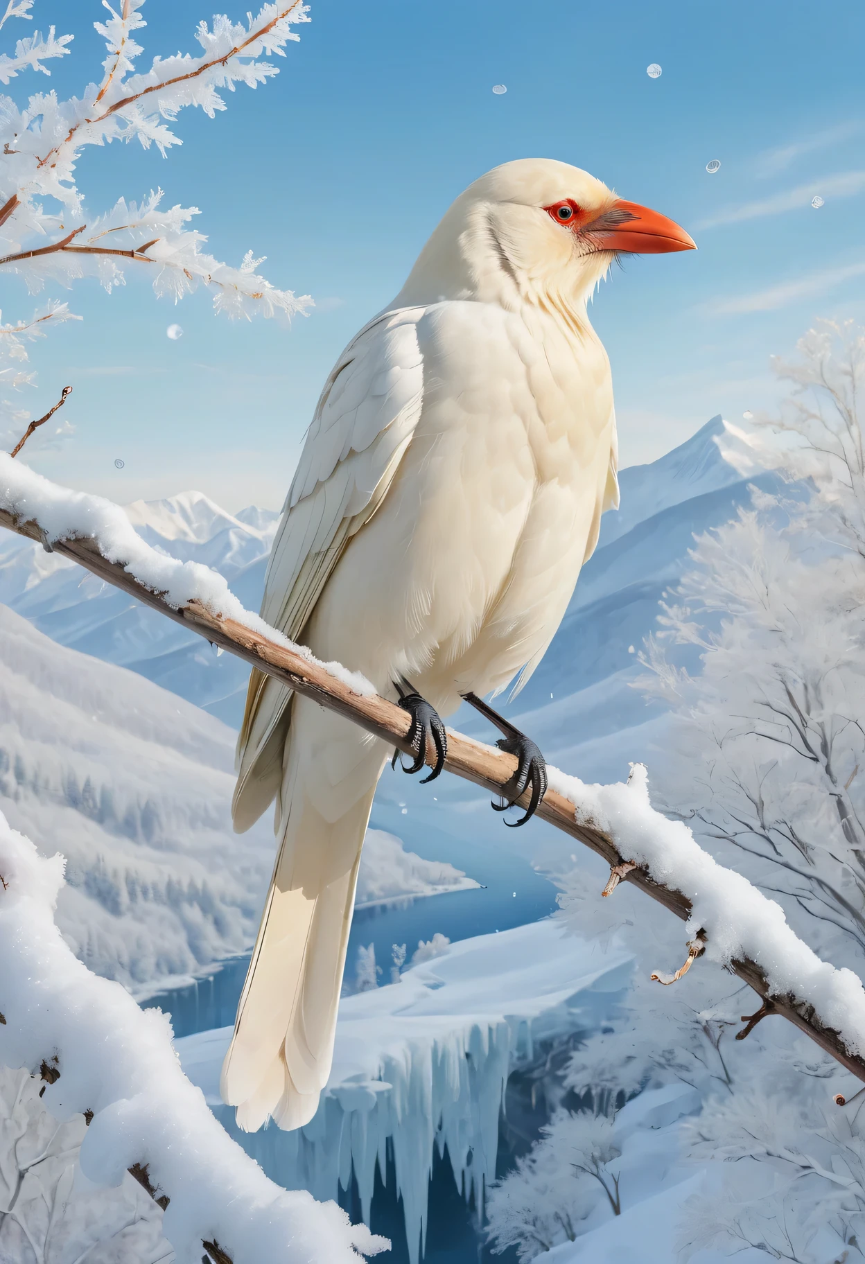 （best quality，masterpiece：1.2），Super fine，An albino crow perched on a frost covered branch，A pair of sharp red eyes，Pale yellow beak，winter wonderland，Whimsical snow scene，Crystal clear icicles hang from the trees，The background is majestic snow-capped mountains，Soft and diffused natural light，Sparkling snowflakes floating in the sky，dreamy atmosphere，Ethereal color palette