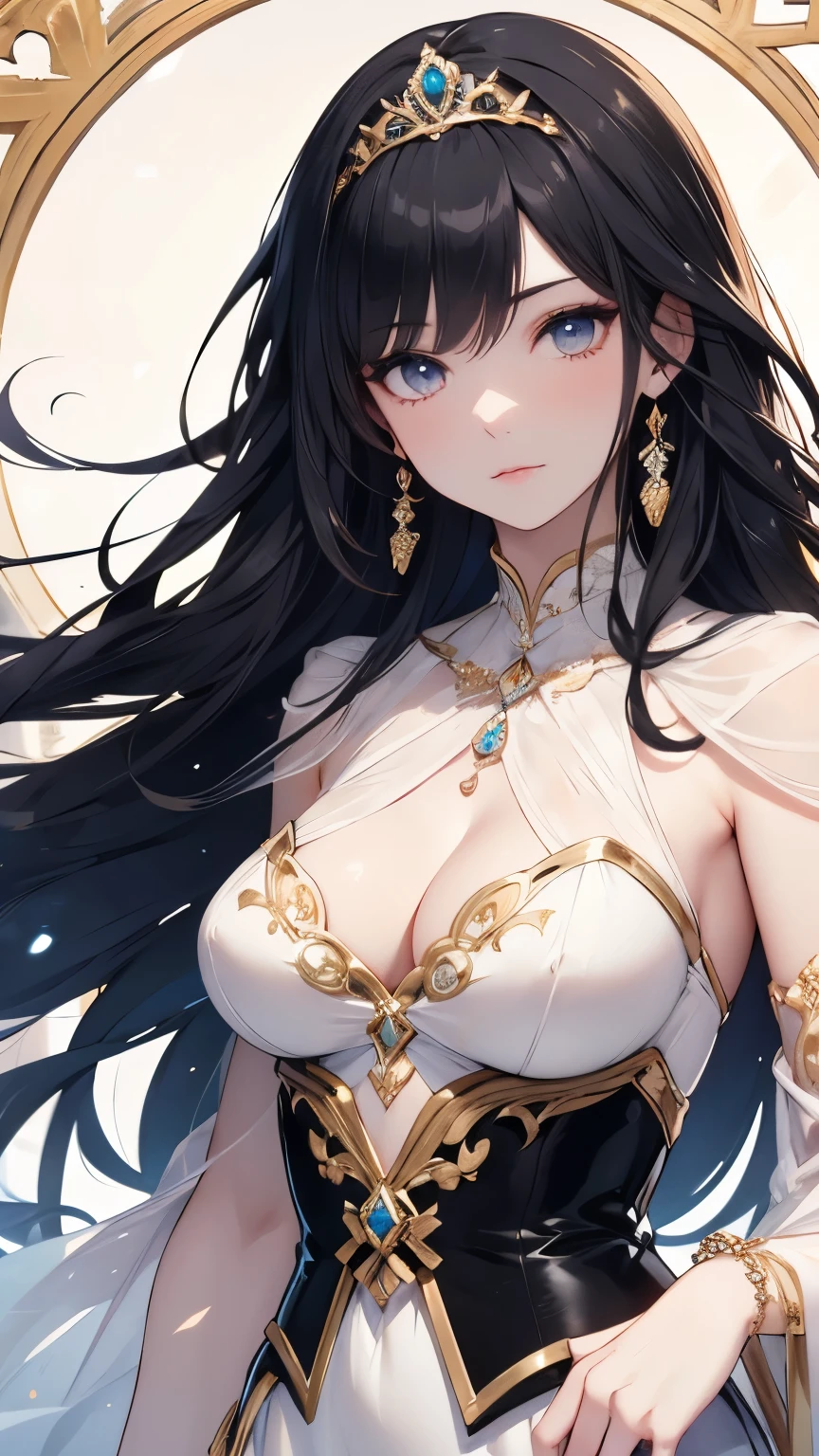 ((best quality)), ((masterpiece)), (detailed), perfect face, long hair, (very long hair), ((black hair)),  Sharp focus A beautiful woman with perfect body, Highly detailed face, , Detailed eyes, crystal hair, floating hair, anchor choker, jewelry, tareme, longeyelashes, anime, Art Nouveau, A tiara shining with jewels, a princess, a pure white dress, silk gloves, standing alone in a garden,