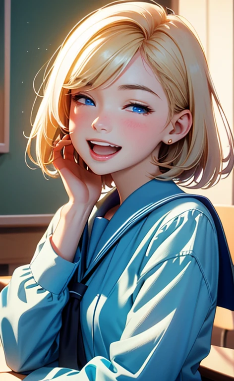 (realistic:1.4、masterpiece、top-quality、8k size wallpaper、offcial art)、(portrait,upper body:1.6)、(1girl),(very loud laugh,Open mouth:1.3),(half closed eyes),cute face,blue eyes、(short hair)、
,(stand),(Shining smile),(round face:1.3),
,(slender),(school uniform),(long fluorescence blonde hair1.3), (small breasts)、
、fluorescence、classroom,JK、
