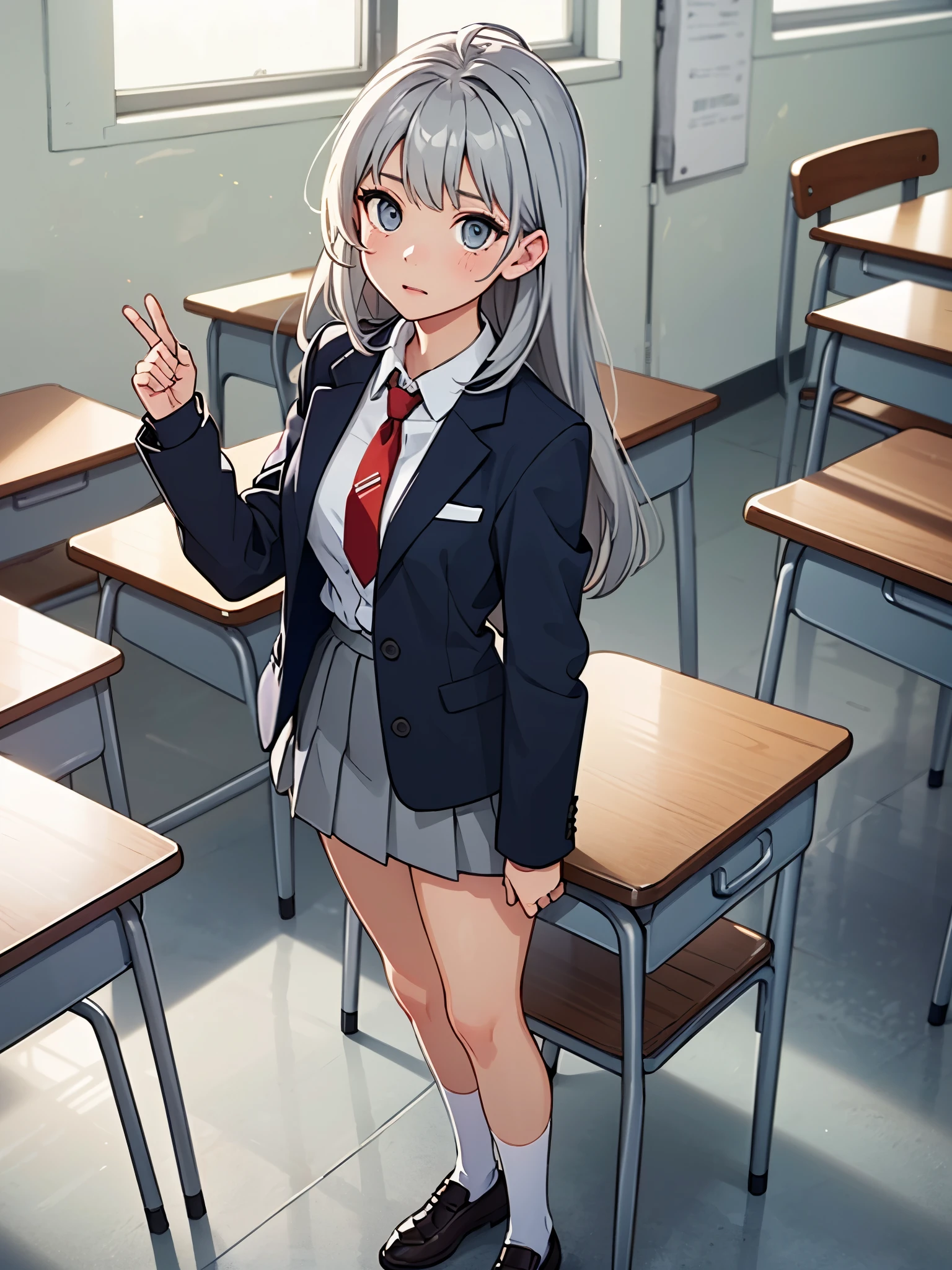 1girl, tall body, high school student, suit, dark blue suit jacket, white shirt, (red necktie), grey pleated skirt, miniskirt, bare legs, white socks, brown shoes, ((light grey hair, med-back-length hair, bangs)), ahoge, ((hazel eyes, beautiful detailed eyes)), beautiful detailed face, cute face, medium breasts, perfect hands, complete fingers, perfect anatomy, perfect proportions, age 18, solo, solo focus, standing, classroom backdrop, warm lighting, full body shot, cowboy shot