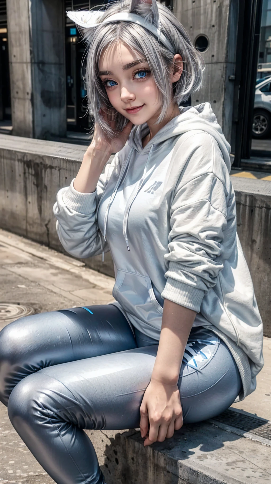 Best Quality, (anime), (1girl, sitting), Droopy huge blue-eyes and Droopy light eyebrows making shine even brighter, well-defined face line and cute, accentuating her radiant white skin, oily and shiny skin, ash-gray short hair, /// BREAK ///The woman is wearing a white downy hoodie, (black leggings:1.3), white high-cut sneakers with wearing cat Ears Headphones, The woman has lidded blue eyes and gray medium hair, smiling at the viewer, (in Concrete:1.4),