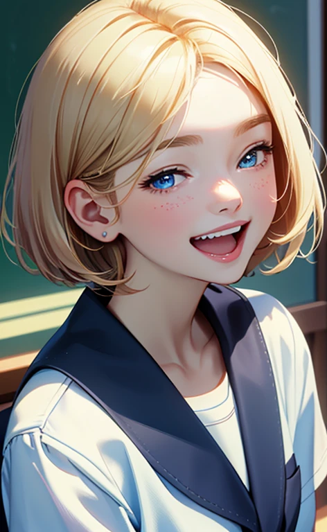 (realistic:1.4、masterpiece、top-quality、8k size wallpaper、offcial art)、(portrait,upper body:1.6)、(1girl),(very loud laugh,Open mouth:1.3),(half closed eyes),cute face,blue eyes、(short hair)、
,(stand),(Shining smile),(round face:1.3),
,(slender),(school uniform),(long fluorescence blonde hair1.3), (small breasts)、
、fluorescence、classroom,JK、