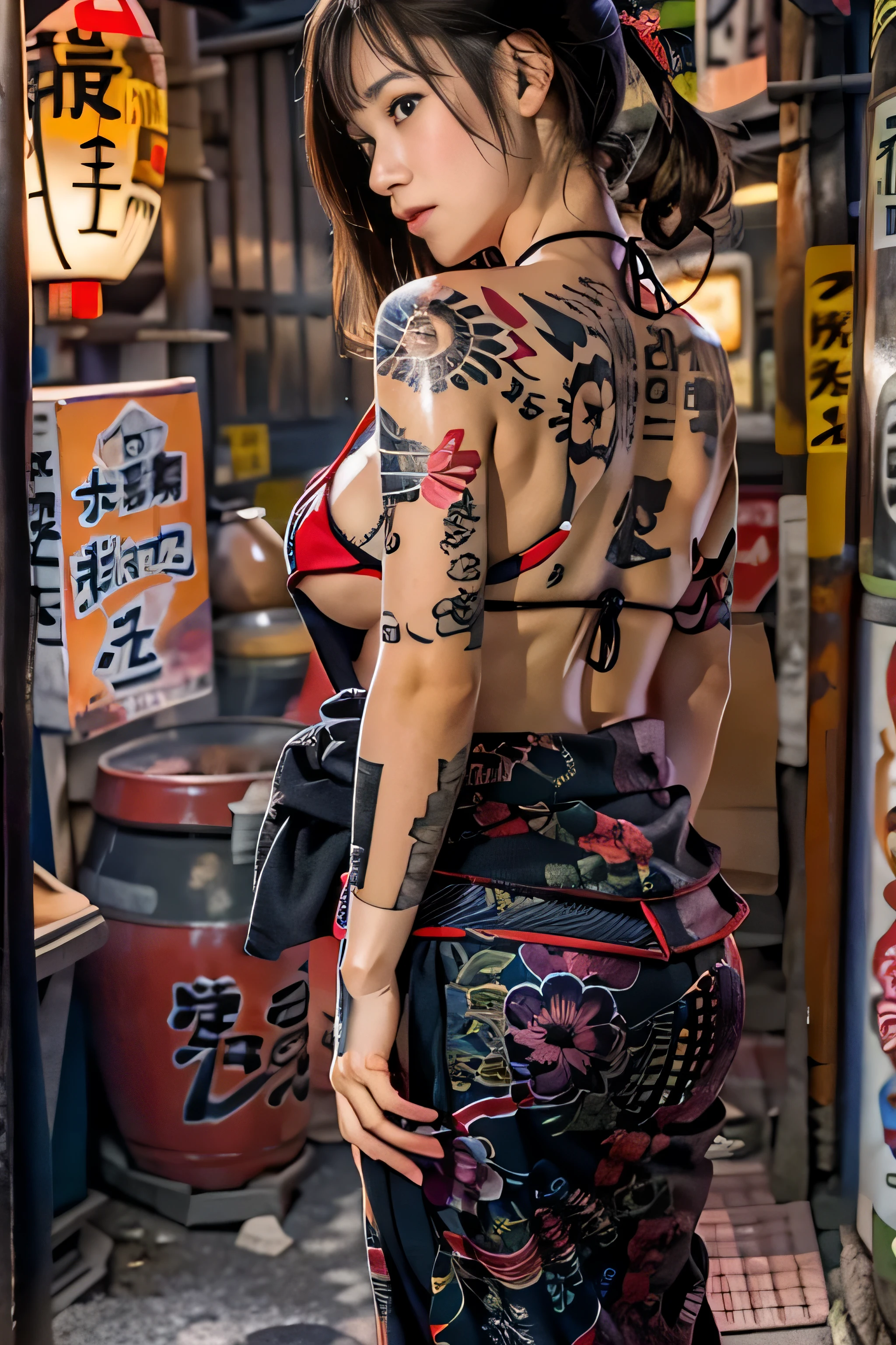 RAW image quality, Japanese, , embarrassed expression, Girl and Horihada, Yakuza, japanese mafia, Background of Tokyo Red Light District, realistic, Photoreal, masterpiece, highest quality, Movie photo of a Japan cartel gang with tattoos, spectacular lighting, japanese Yakuza tattoo, Japanese art, Japanese culture, sexy, exotic, erotic, black micro bikini, cleavage,
