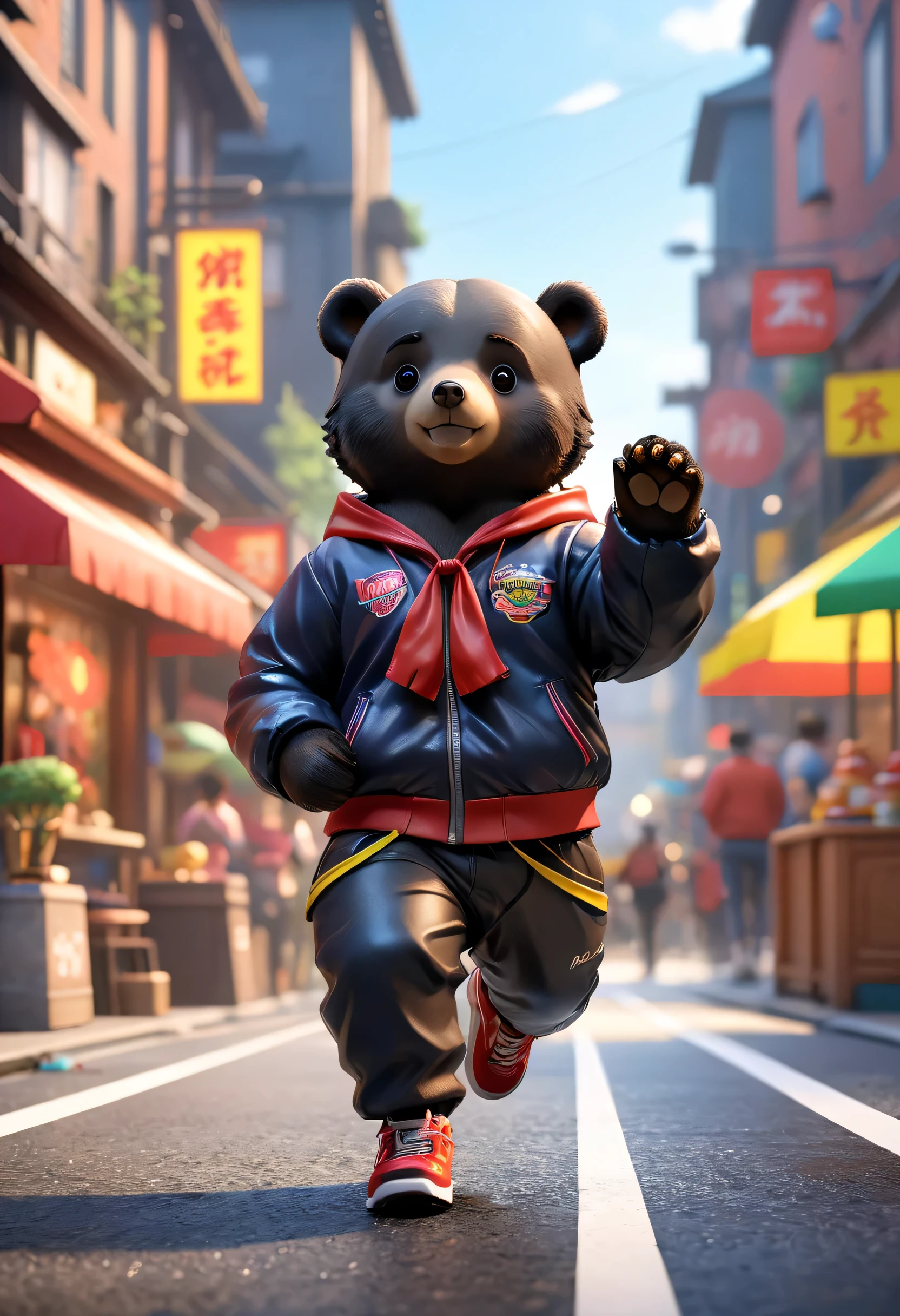 Full body Esbian、Cool black bear、Pop Black Bear、Diorama、simple background、Street Dancer Fashion、best quality, Capture super cute moments, Depth of the bounds written, Super detailed, Super high resolution, octadale, 8K, 16 km race