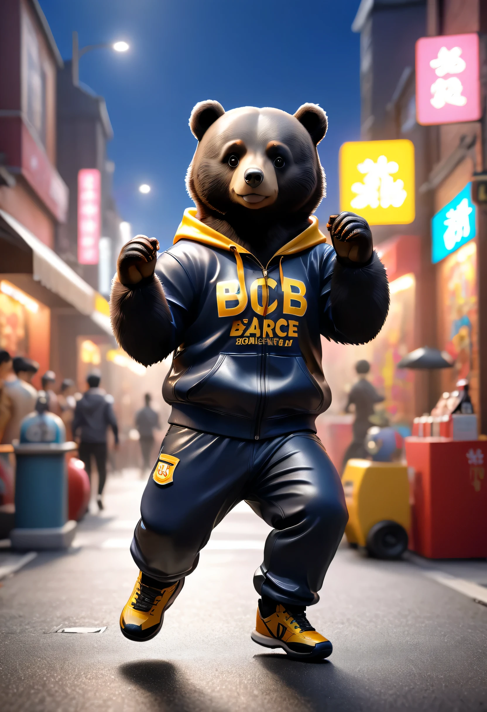 Full body Esbian、Cool black bear、Pop Black Bear、Diorama、simple background、Street Dancer Fashion、best quality, Capture super cute moments, Depth of the bounds written, Super detailed, Super high resolution, octadale, 8K, 16 km race