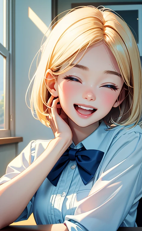(realistic：1.4、​masterpiece、top-quality、8k size wallpaper、offcial art)、(portrait,upper body:1.6)、(1girl),(very loud laugh,Open mouth:1.3),(half closed eyes),cute face,blue eyes、(short hair)、
,(stand),(Shining smile),(round face:1.3),
,(slender),(school uniform),(long fluorescence blonde hair1.3), (small breasts)、
、fluorescence、classroom,JK、