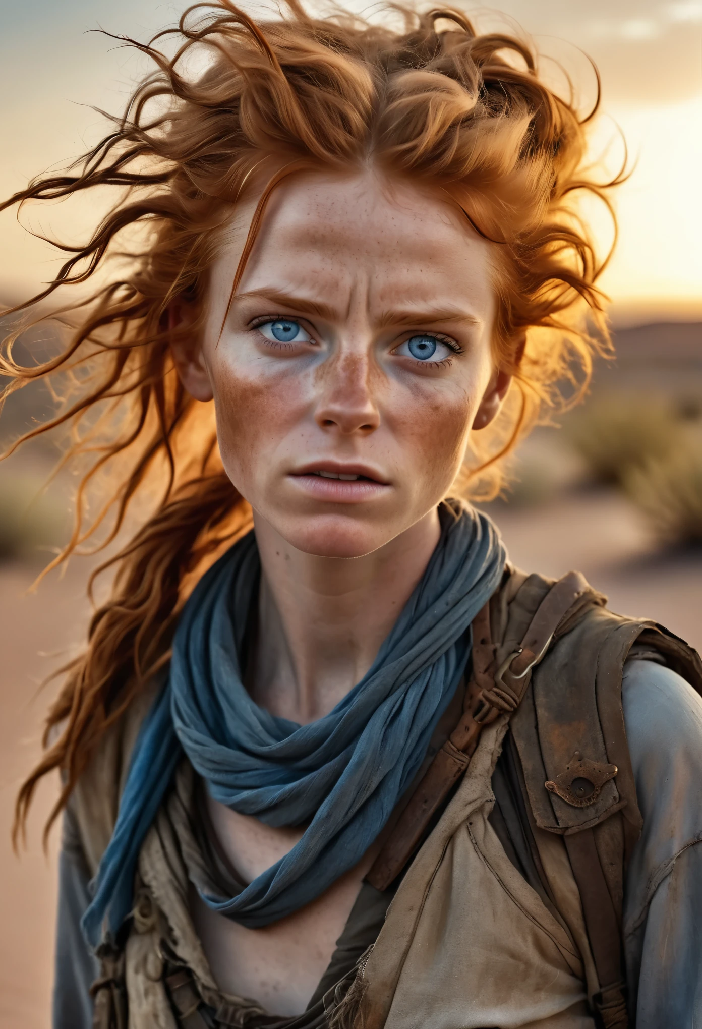photorealistic, (Masterpiece photo), full body shot, a desert post apocalyptic landscape at sunset, a cute woman with ginger windblown hair, post apocalyptic nomadic clothes, natural skin texture, blue-grey eyes, some freckles on face, skinny runners body, detailed face, and eyes, ultra realistic face, looking tired, tattered fabric, unconventional accessories, dark arts, 16K, ultra high res, analog photo style, depth of field, UHD, RAW, DSLR