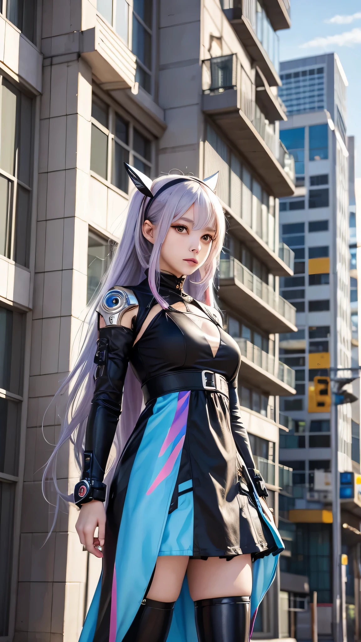 Anime girl wearing a dress and headband standing in front of a building, digital cyberpunk anime art, Digital Cyberpunk - Anime Art, anime cyberpunk art, cyberpunk anime girl, cyberpunk anime girl mech, anime style 4k, Best Anime 4K Kona-chan Wallpaper, cyber high school girl, cyberpunk anime art, portrait anime space cadet girl, future anime girl, Dreamy cyberpunk girl