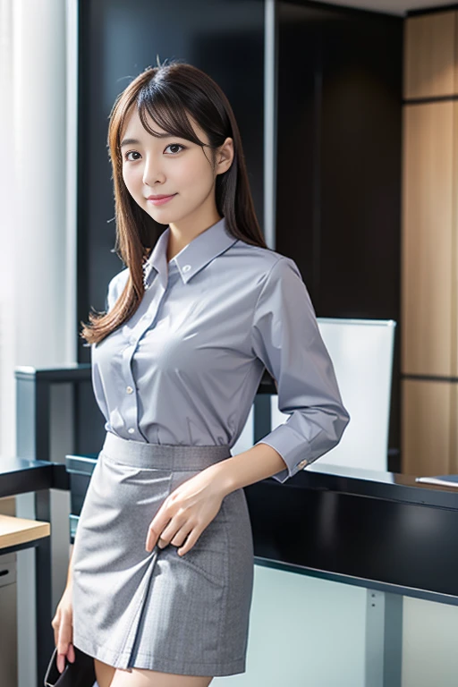 Japanese beauty、A slip is visible under the skirt of her office uniform., gray skirt, business clothes, woman wearing office dress, Work clothes, Work clothes, catalog photo, from me, Detailed image, business clothes装, Portrait Center, grey, white shirt and gray skirt, Slip is visible、Chemise in sight