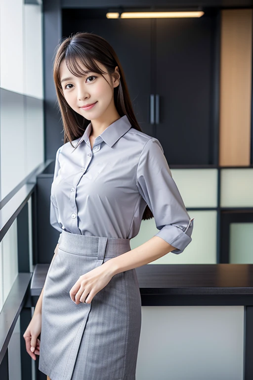 Japanese beauty、A slip is visible under the skirt of her office uniform., gray skirt, business clothes,  woman wearing office dress, Work clothes, Work clothes, catalog photo, from me, Detailed image, business clothes装, Portrait Center, grey, white shirt and gray skirt, Slip is visible、Chemise in sight