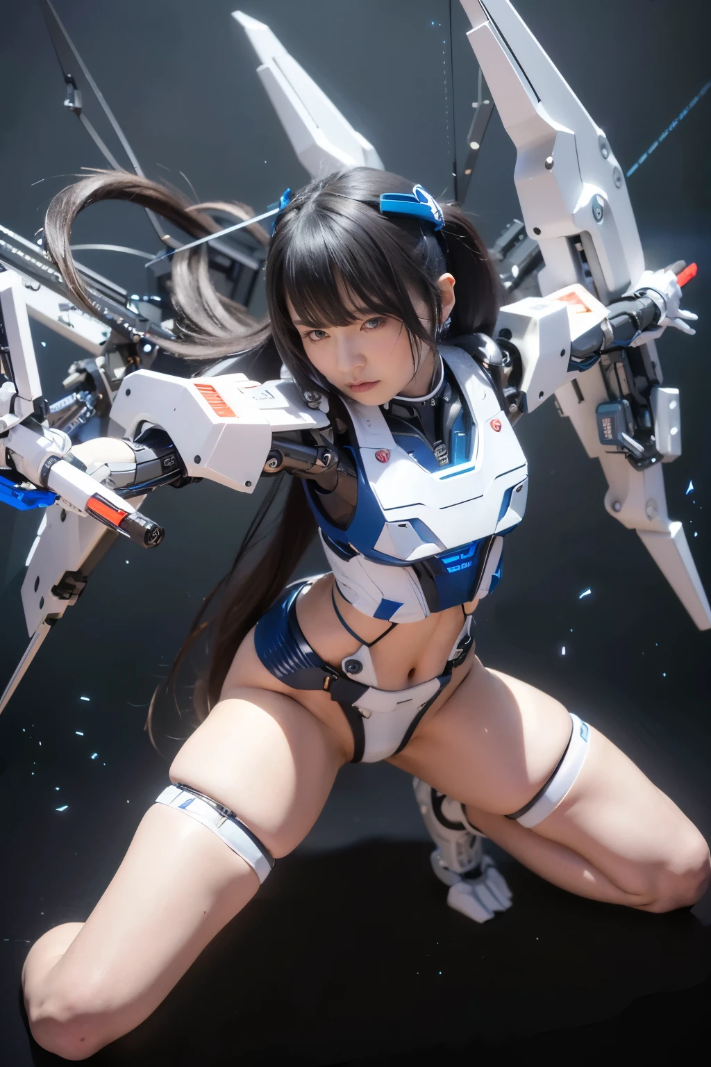 (best quality:1.2), 8k, highres, octan render, (masterpiece), extremely ultra detail, cyborgized Japanese woman, extremely ultra cute face, , skinny body, flat chest, (blue metallic mechanical frame:1.5), (Power cables connected throughout the body), detaile up, Instead of hair, there are cables growing out of it, mechanical fusion, mechanical skeleton, bio mechanics, mechanical life-form, highly intricate detail, extremely ultra real texture, human-like skin, realistic hair, ultra realistic details, professional lighting, (realistic:1.4), (RAW photo:1.2), (photorealistic:1.5)