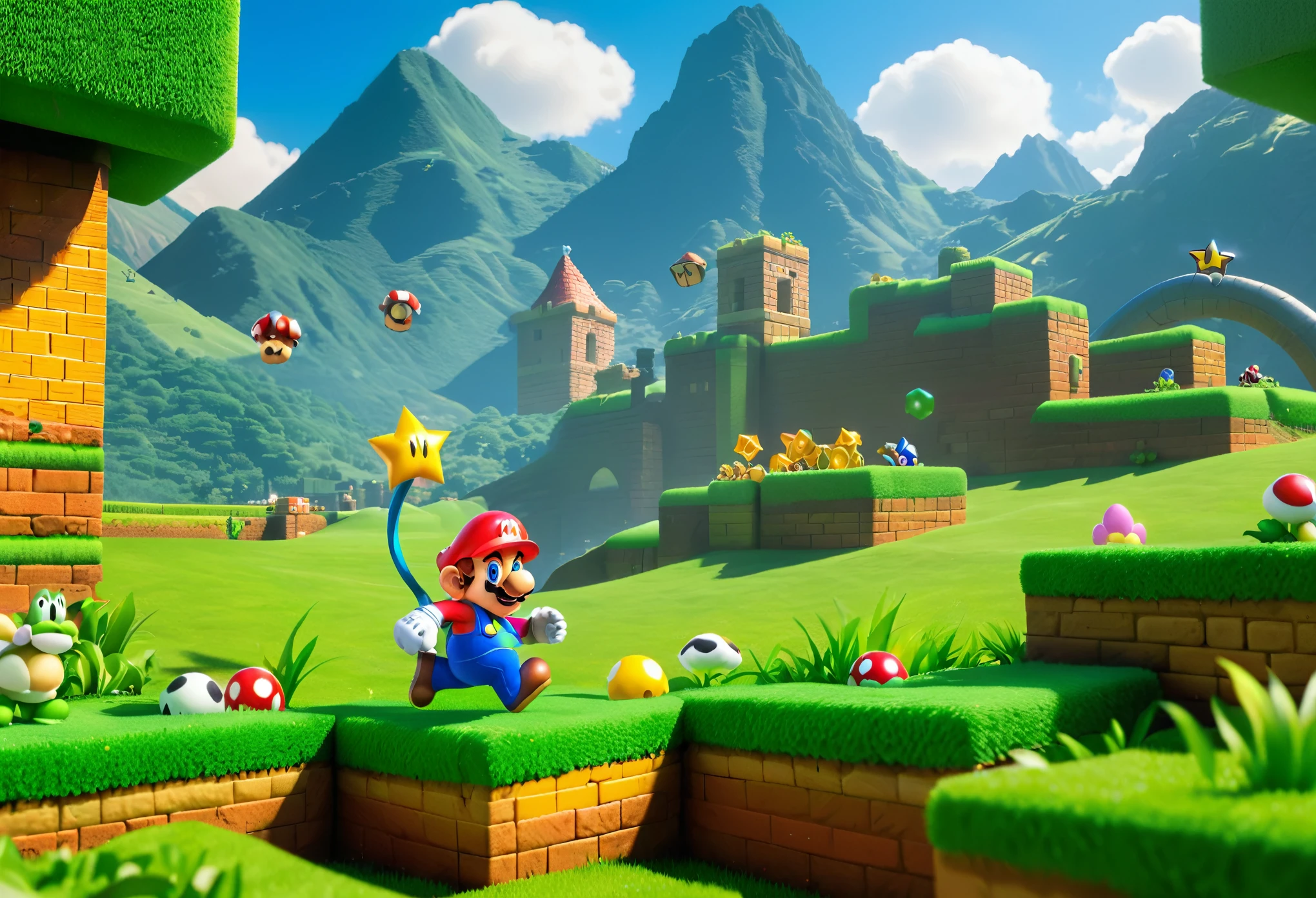 （（magia+Fantastical))，super mario bros style）Super Mario, popping and jumping in his animated world of green grass and colorful blocks and cute creatures