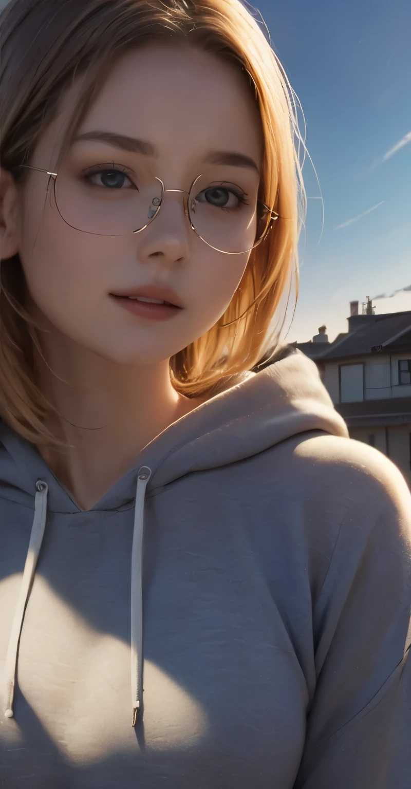 high definition symmetrical image, (goddess of breasts, (((round face, eye glasses))), eyes realistic sizing, (drooping eyes), small breasts, (unzipped hoodie), nipples, ((closeup breasts)), blond, (joy smiling), (sunset sky, cumulonimbus cloud, buildings), (angle from breasts below),