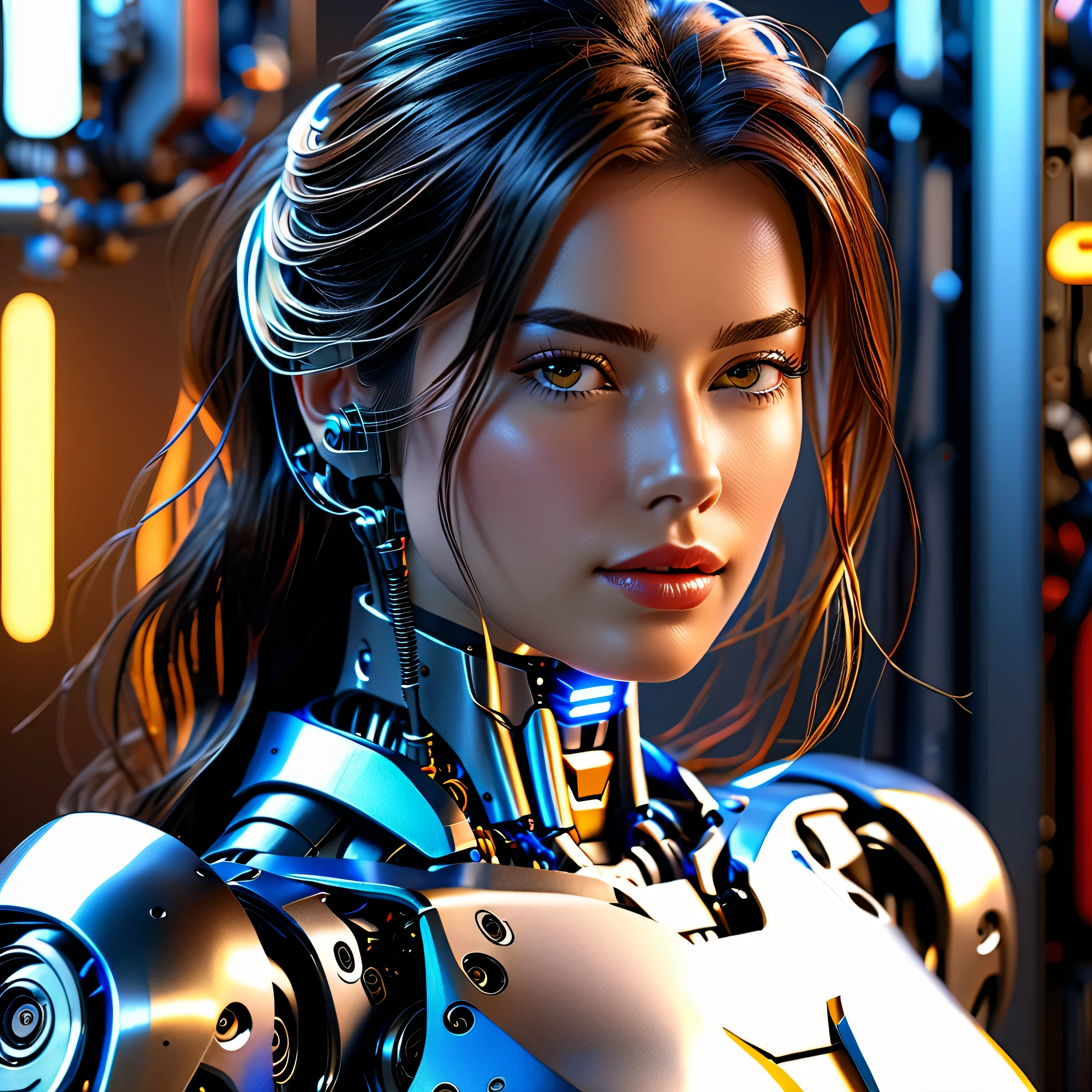 Super fine beautiful woman face, mechanical body: 1.5, online world background: 1.5, 19 years old, 150mm, long hair, beautiful studio soft light, vibrant details, beautiful background, octane rendering, 8k, best quality, masterpiece, Illustrations, A very determined and beautiful, extremely detailed, CG, unity , wallpaper, (realistic, photo-realistic: 1.37), Amazing, finely detail, mastery, best quality, official art, extremely detailed CG unity 8k wallpaper, robot, full body, full body shooting, sitting