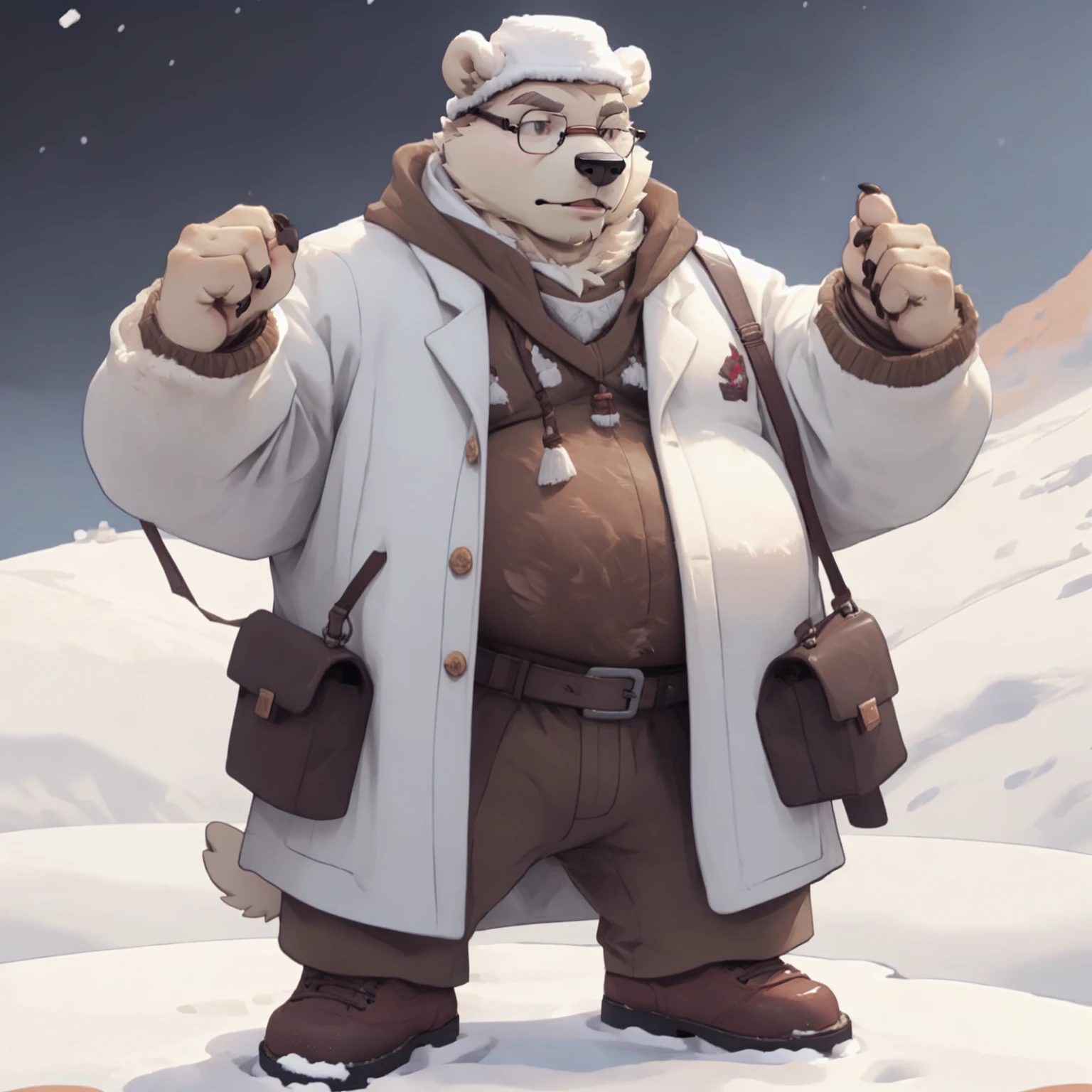 New Jersey 5 Hairy,polar bear,Full body portrait of an individual,exquisite, chubby,Fat,thick arms,Rugged muscles,Snow white plush fur,chubby脸,Handsome,white coat,brown eyes, Fashionable glasses,hat