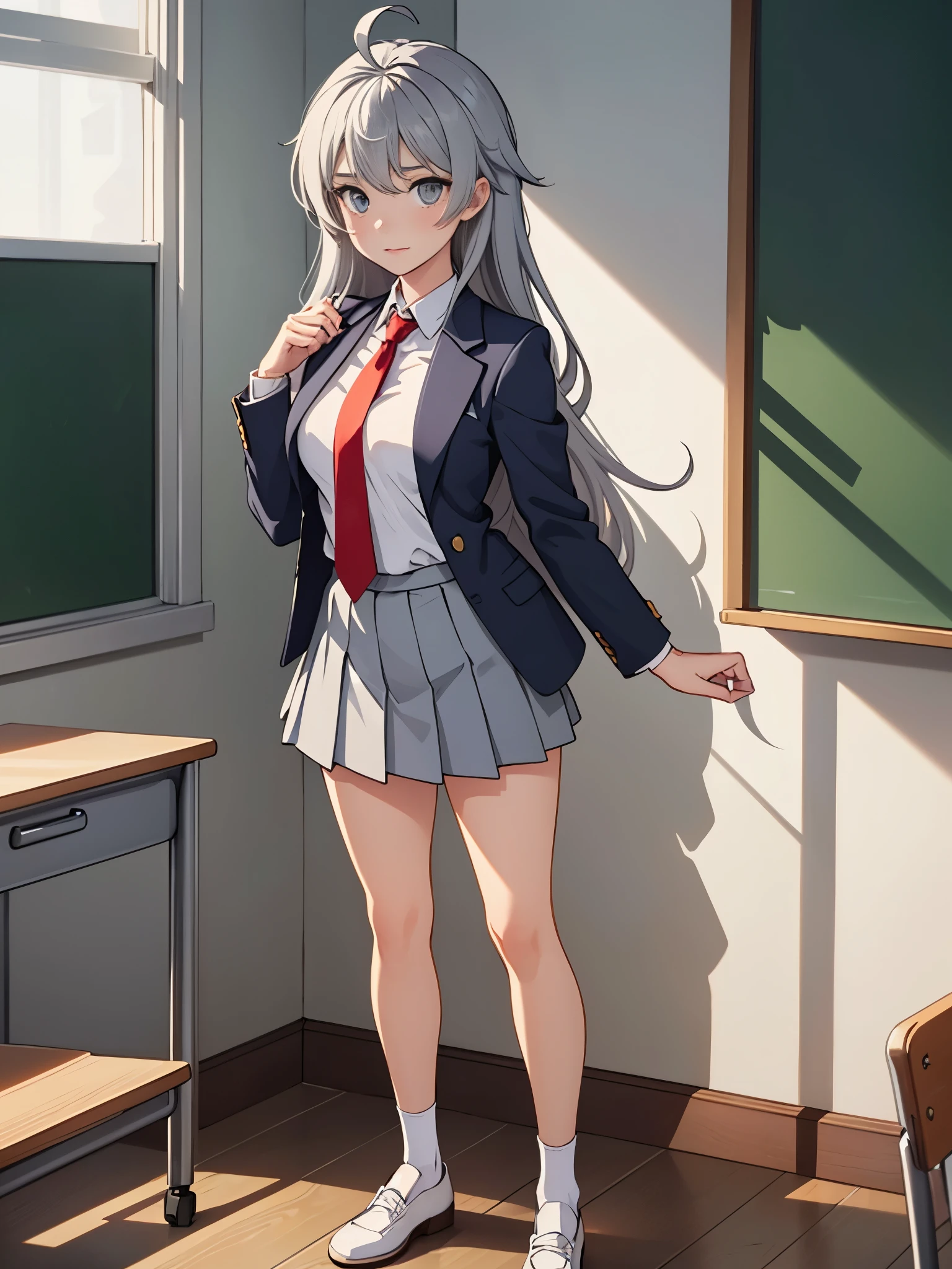 1girl, tall body, high school student, suit, dark blue suit jacket, white shirt, (red ribbon necktie), grey pleated skirt, miniskirt, bare legs, white socks, brown shoes, light grey hair, hazel eyes, med-back-length hair, bangs, ahoge, beautiful detailed eyes, beautiful detailed face, cute face, medium breasts, perfect hands, complete fingers, perfect anatomy, perfect proportions, age 18, solo, solo focus, standing, classroom backdrop, warm lighting