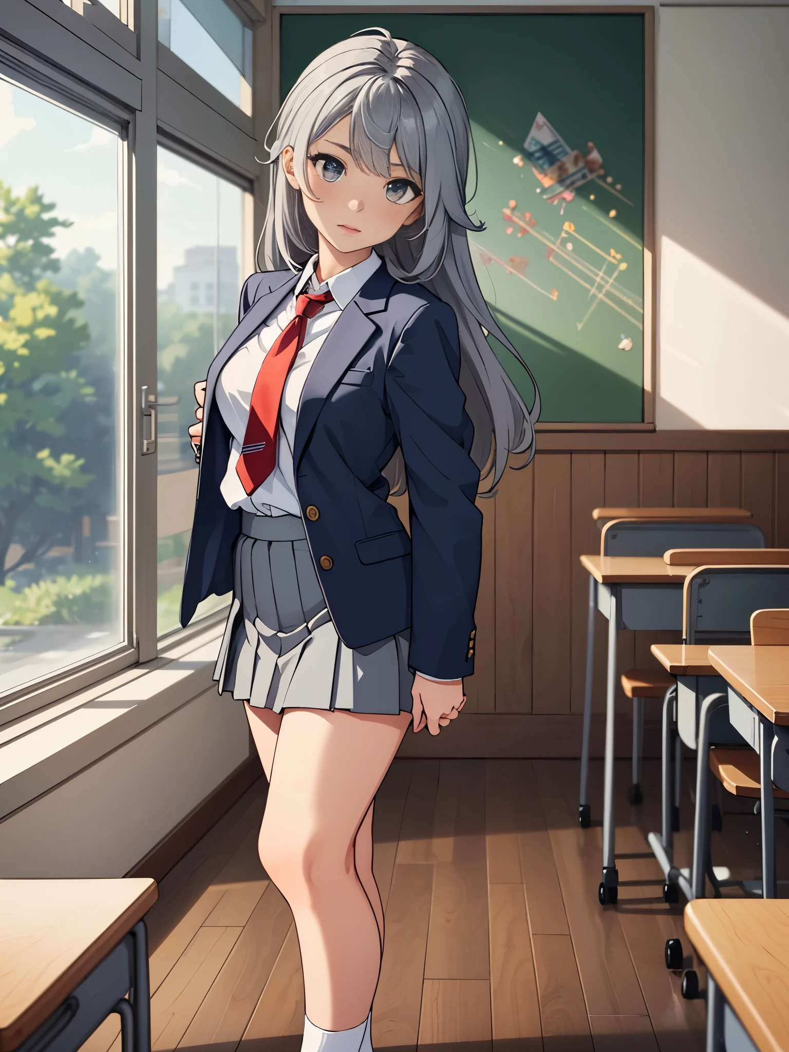 1girl, tall body, high school student, suit, dark blue suit jacket, white shirt, (red ribbon necktie), grey pleated skirt, miniskirt, bare legs, white socks, brown shoes, light grey hair, hazel eyes, med-back-length hair, bangs, ahoge, beautiful detailed eyes, beautiful detailed face, cute face, medium breasts, perfect hands, complete fingers, perfect anatomy, perfect proportions, age 18, solo, solo focus, standing, classroom backdrop, warm lighting
