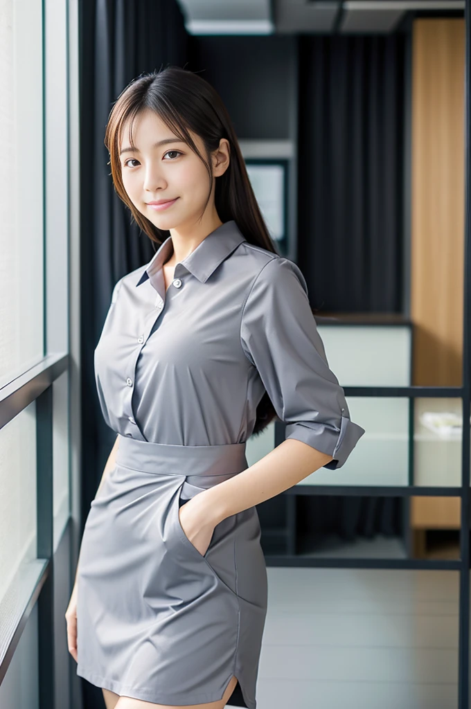 Japanese beauty、A slip is visible from under her office uniform., Not wearing a skirt, business clothes, woman wearing office dress, Work clothes, Work clothes, catalog photo, from me, Detailed image, business clothes装, Portrait Center, grey, Slip is visible、Chemise in sight
