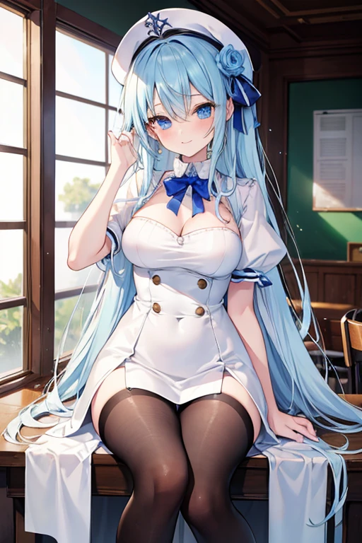 (masterpiece), best quality, expressive eyes, perfect face, high school girl, long whitish blue hair, hair looks elegant and beautiful, blue diamond eyes, (sitting on the classroom table), charming, sexy, graceful, mischievous smile,black high , stockings