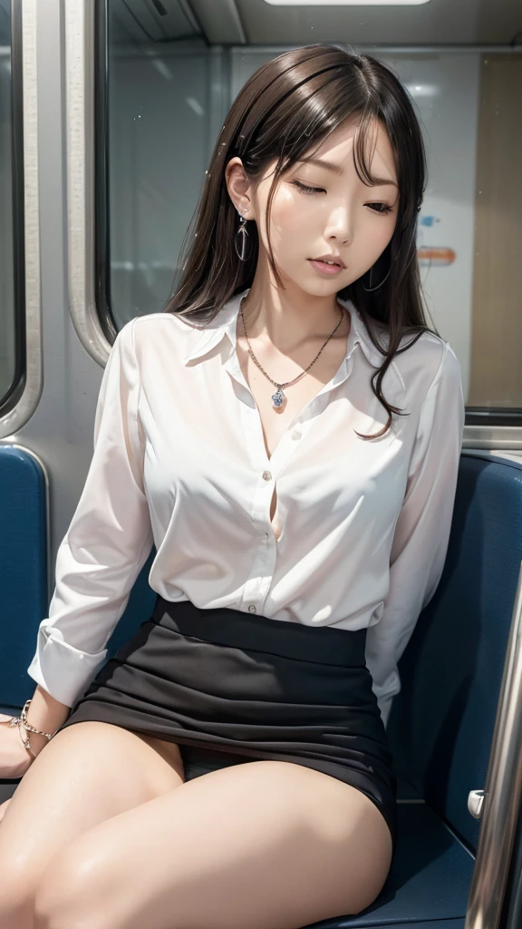 ((highest quality)), ((masterpiece)), (become familiar with), Inside the train、Woman sitting opposite、black hair、long hair with center part、crossed legs、(sleep:1.3)、mature woman、small earrings、Simple 1 Necklace、Slim watches、thin silver bracelet、nail art、Simple Ring、Red Handbags、White Shirt Blouse、black tight skirt、front view、Angle as seen from a smartphone、(Rows of blue upholstered seats)、(close up of legs)、(You can see small panties)、Tokyo night view from the train window