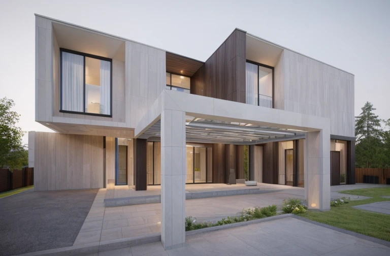 (masterpiece),(high quality), best quality, real,(realistic), super detailed, (full detail),(4k),8k,modern house exterior design,Modern architecture,Sandstone,whitewall,Beautiful_sky,Day light, no_humans, outdoors,sky,tree,Garden flower front of building,