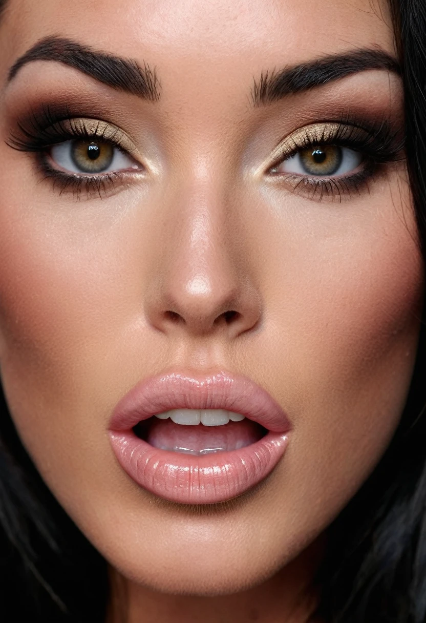 Generates a macro of Megan Fox's face biting her lips, her lips look big and full, black background, 8k UDH photography, ultra sharp