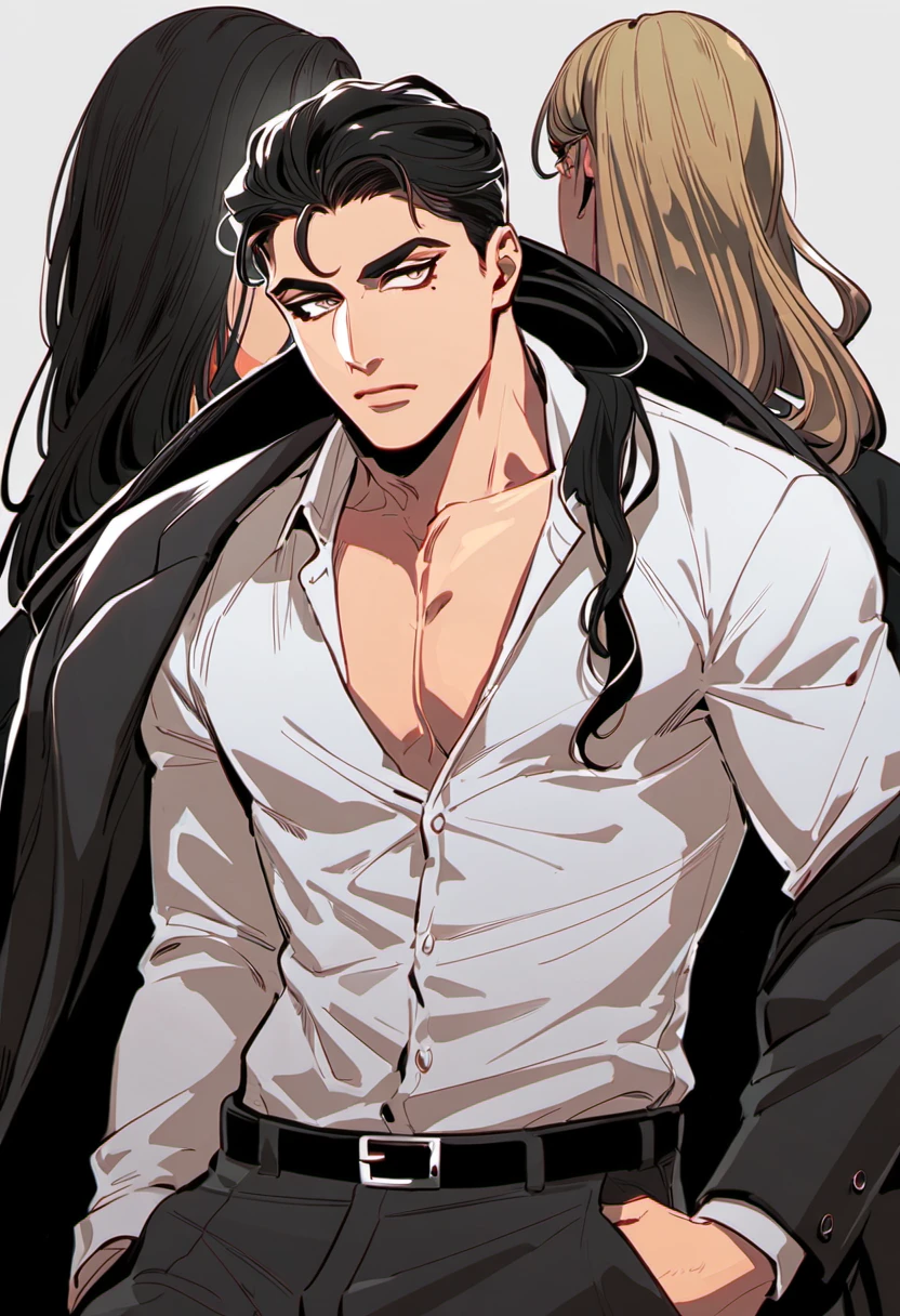 Hombre atractivo, dominante, con cabello negro largo, ojos marrones, buen cuerpo, con ropa casual, tiempo moderno.