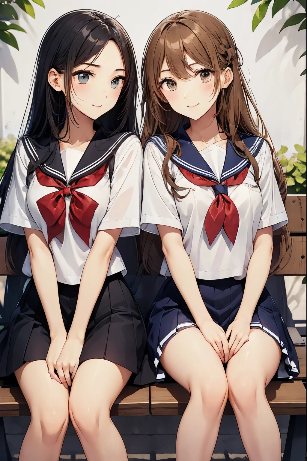 Two high school girls kissing while sitting on a park bench、seductive smile、