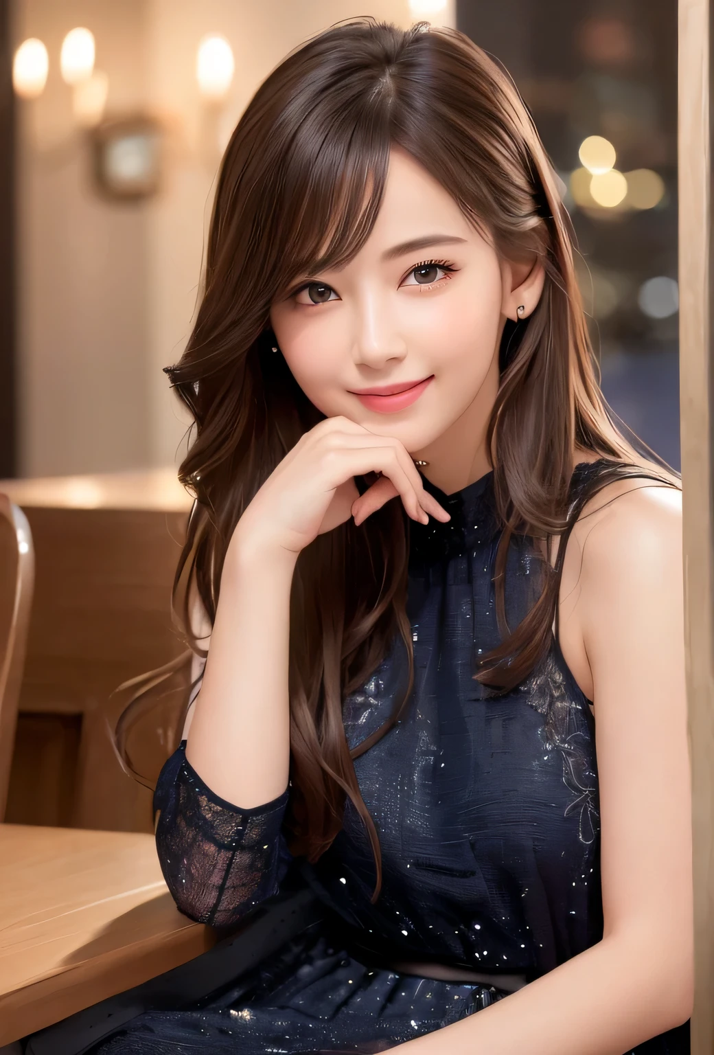 (8K, highest quality, masterpiece: 1.2), (realistic, photorealistic: 1.37), Super detailed, single girl, cute, alone, midnight, beautiful detailed sky, Detailed cafe, sitting, date, (blush), (smile: 1.15), small breasts (closed your mouth), beautiful small eyes, Floating hair NovaFrogStyle, open back dress