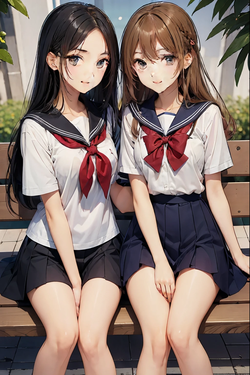 Two high school girls kissing while sitting on a park bench、seductive smile、