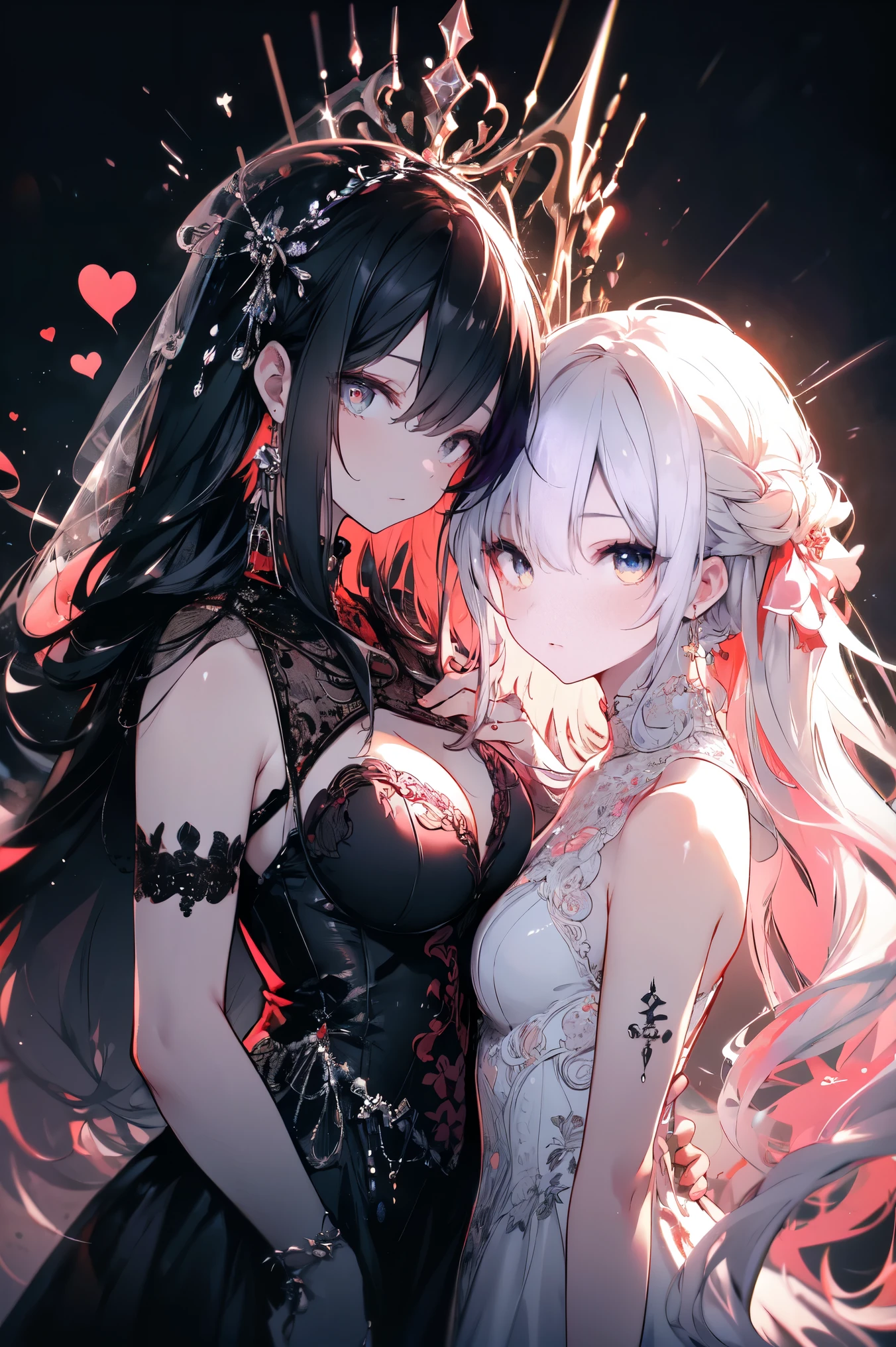 (masterpiece), highest quality, expressive eyes, Two girls standing next to each other, by Pu Hua, Featured on Art Station, gothic art, Black and white with red heart, Beautiful Gemini twins portrait, Streaming on Twitch, with long white hair, reddish, Hand in hand, anthro, beautifully rendered, hd