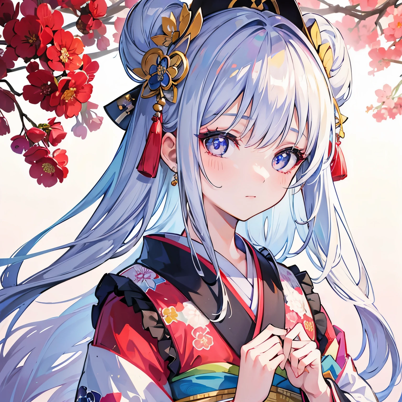 "Girl in a beautifully printed traditional kimono, close up shot, enchanting eyes, Perfect and amazing face, exquisite details, clear image, highest quality."