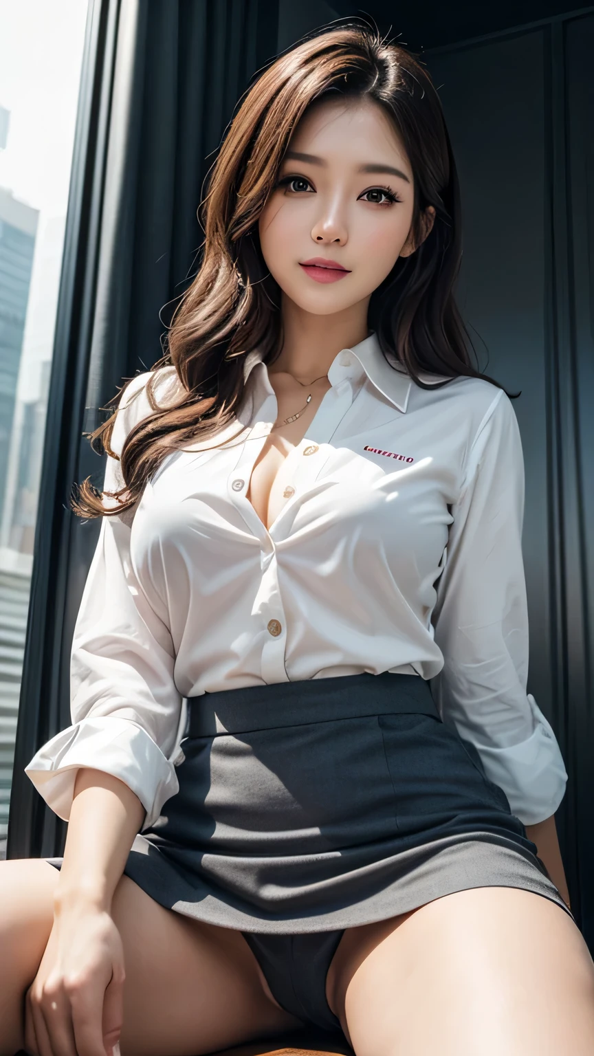 (1woman), Beautiful, Amazing face and eyes, makeup, (extremely detailed beautiful face), seducting smile, (Best Quality:1.4), (Ultra-detailed), (extremely detailed CG unified 8k wallpaper), Highly detailed, raw photos, Professional Photography, (Business Suit, Mini skirt:1.2), (Business shirt with wide open chest), (Spread legs), (view from below:1.2)