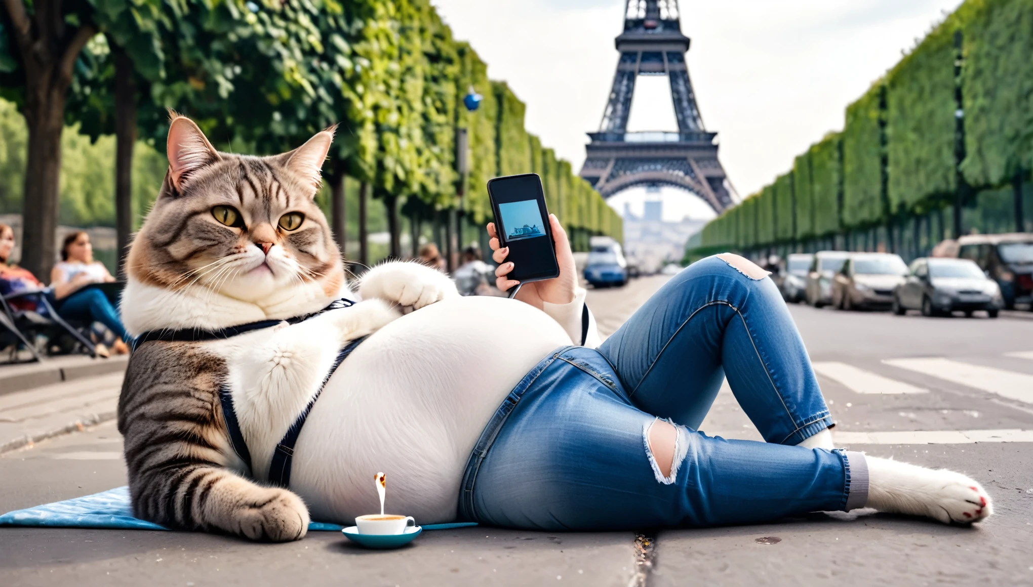 Cute, funny, sweety fat cat is pregnant, laying on bed in the street, in front of eiffel tower. Wearing pregnant jeans. Cat drinking coffee in one hand and holding a mobile phone in the other hand. Doctors are standing around her. Cat friends visited her.