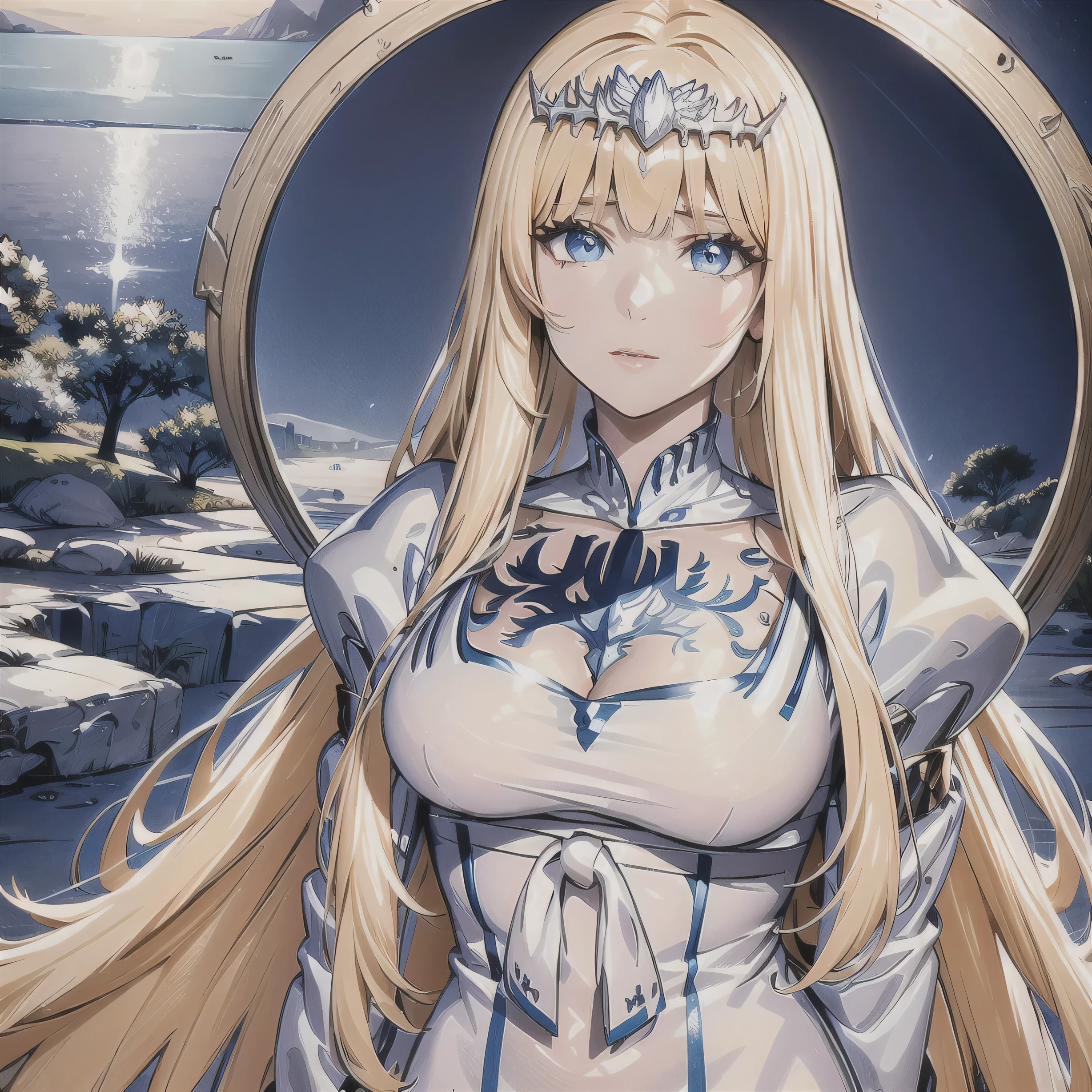 Masterpiece, Best Quality, Official Art, Beautiful, Lively Textures, Unique Visuals, Spectacular Details, Very Detailed CG, Solidarity Cooperation, 8K Wallpapers, Extremely Beautiful Eyes, Best Quality, Details First, Super Delicate, High Quality, 1girl,solo, Calca, Calca Bessarez, blonde hair, extremely long hair, very long hair, white tiara, silver tiara, white dress, light blue eyes, medium chest