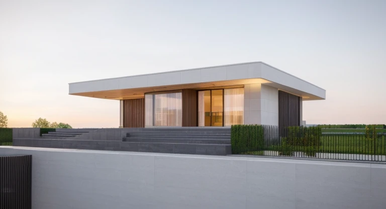 (masterpiece),(high quality), best quality, real,(realistic), super detailed, (full detail),(4k),8k,modern house exterior design,Modern architecture,Sandstone,whitewall,Beautiful_sky,Day light, no_humans, outdoors,sky,tree,Garden flower front of building,
