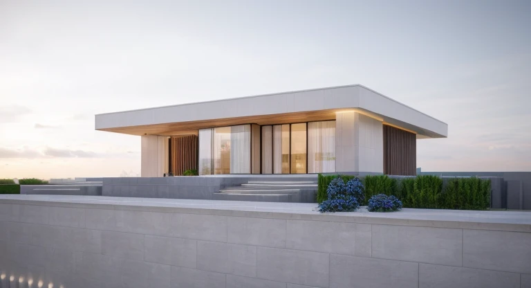 (masterpiece),(high quality), best quality, real,(realistic), super detailed, (full detail),(4k),8k,modern house exterior design,Modern architecture,Sandstone,whitewall,Beautiful_sky,Day light, no_humans, outdoors,sky,tree,Garden flower front of building,