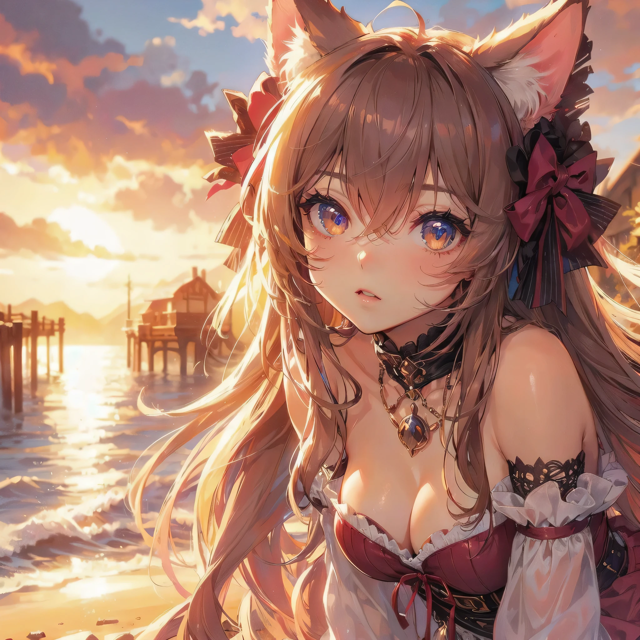 high quality,hd,16k,sharp line,1girl,fantasy,cat ears cat tail,beautiful hair ,cute face, large breasts ,nice legs,,focus girl,detailed beautiful face,detailed clothes,beautiful eyes,sexy,dynamic angle