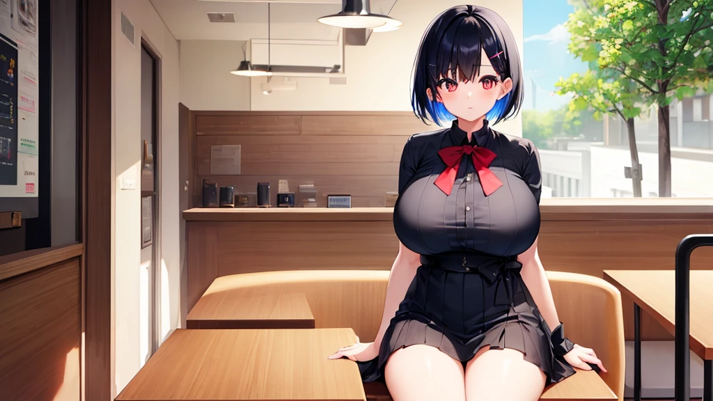 ((1 female))、NFSW、masterpiece、Highest image quality、ultra high resolution、 with big breasts、red and large eyes,、Black hair medium shorthair、The inside of the hair has blue coloring.、Two red hairpins、In a fashionable café