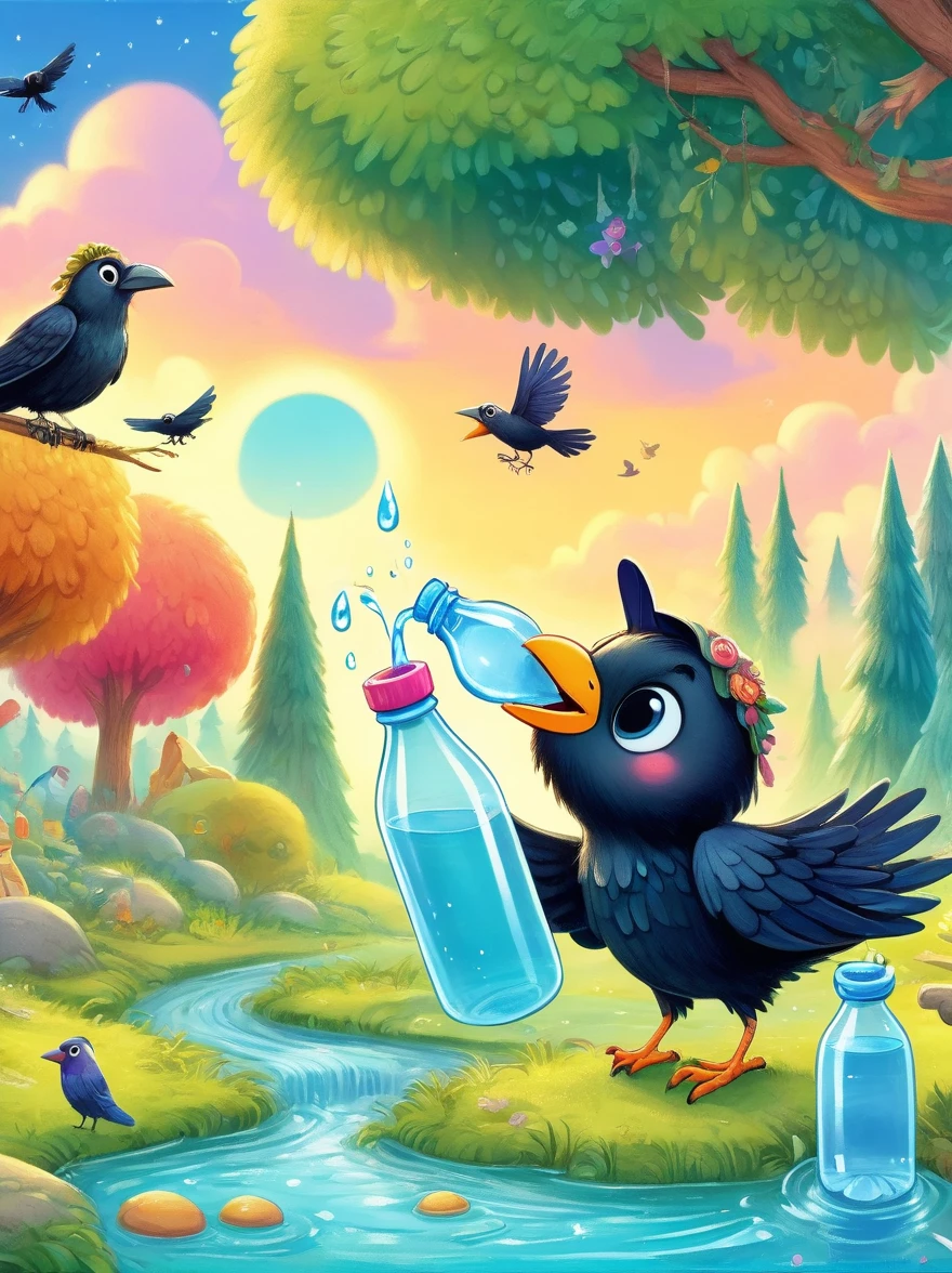Primary school textbook illustrations, Fairy tale scenes, (1 cute crow tries to figure out how to drink water from a bottle), (solo), Whimsical scenes, Colorful, children illustration, Bright colors, Interesting details, Children's stories, peaceful environment, Strange trees, Bright sky, magic, Fun elements, ultra high definition, precise, high detail, 8k, anatomically correct, masterpiece, et1hb1