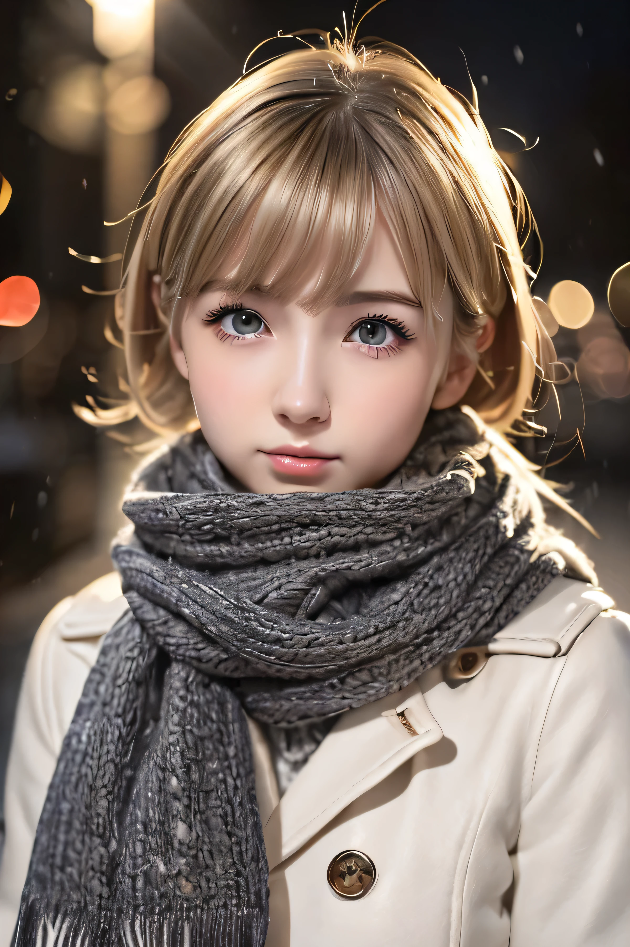 ((No makeup、close your mouth:1.2))、(realistic、Photoreal、super detailed、best detailed skins、highest quality、masterpiece、超A high resolution)、cute russian woman、17 years old、high school girl、young girl、1 girl、have bangs、ash blonde:1.7、double eyelid、drooling eyes、Japanese style face、purity、double teeth、realistic skin type、thick muffler、Gray muffler、fluffy hair、((There's hair in the scarf:1.3))、red cheeks、The wind is blowing、It's snowing、night、illumination、lighting from behind