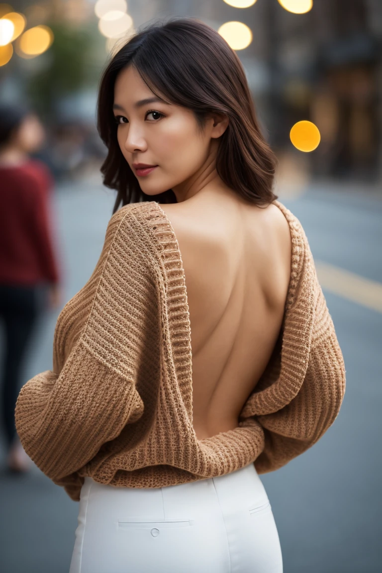 Portrait of a middle-aged Taiwanese woman, 40 years old, cute face, Slim, Tortitz, (big sagging:1.1), huge nipples, wear (Sexy sweater:1.2), Bokeh background, Simple background, (highly refined skin:1.0), (masterpiece:1.2) (lifelike:1.2) (Bokeh) (best quality) (intricate details) (8K) (high dynamic range) (analog film) (canon d5) (movie lighting) (sharp focus),on the street, Look back,butt,cleavage,High heel,whole body