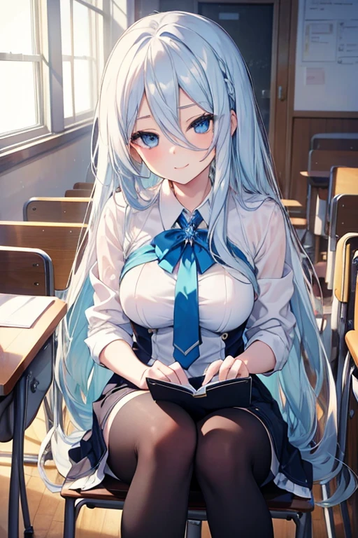 (masterpiece), best quality, expressive eyes, perfect face, high school girl, long whitish blue hair, hair looks elegant and beautiful, blue diamond eyes, sexy, graceful, mischievous smile , stockings,(sit in class)