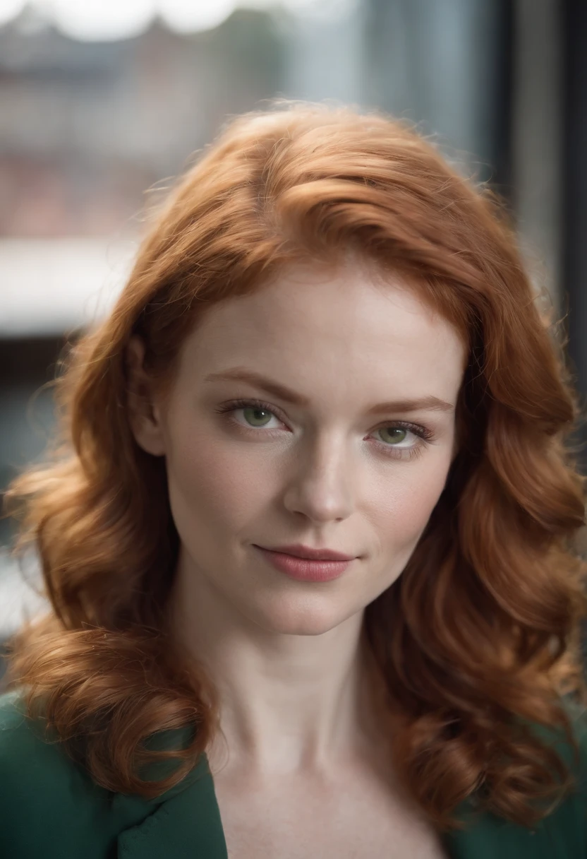 professional portrait of ginger redhead woman with pale medium curly hair, olhos verdes idade 25 anos, vestindo jaqueta preta, wine blouse and jeans, em um bar de filme 2005 texas noite luzes quentes ao fundo fotografia profissional